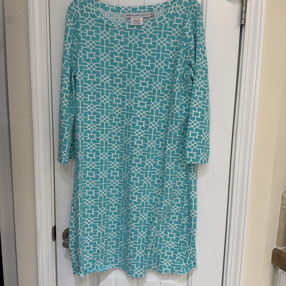 Gretchen Scott Stretch dress Teal & White Geometric‎ Print M 3/4 Sleeve  5196